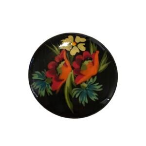 Vintage Russian Brooch Black Lacquered Flowers Pin
